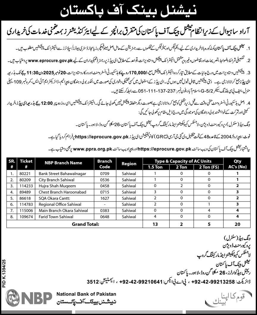 National Bank of Pakistan Lahore Tender Notice